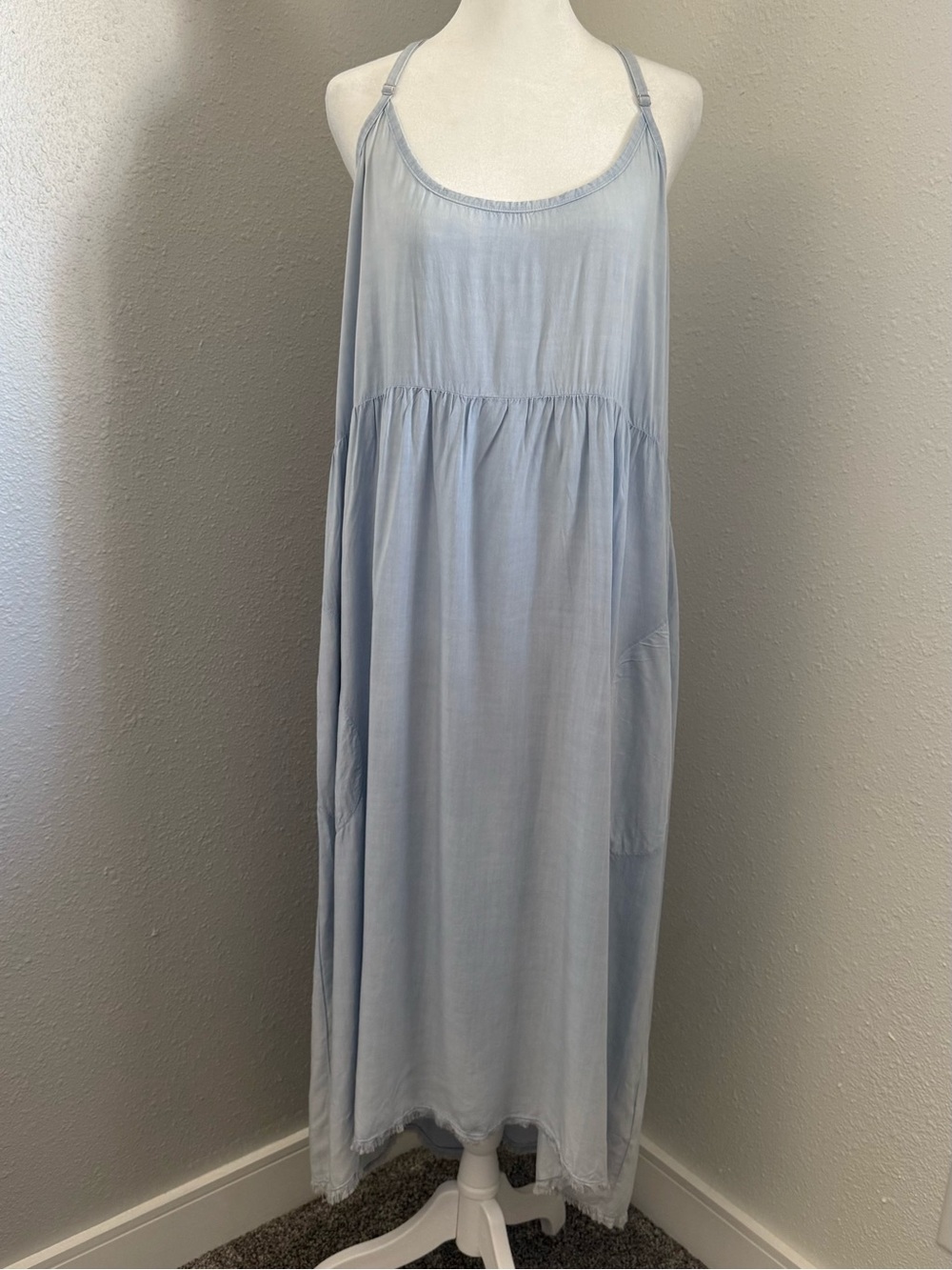 Anthropologie Saturday Sunday Blue Sleeveless Maxi Dress Rayon Pockets Size LP